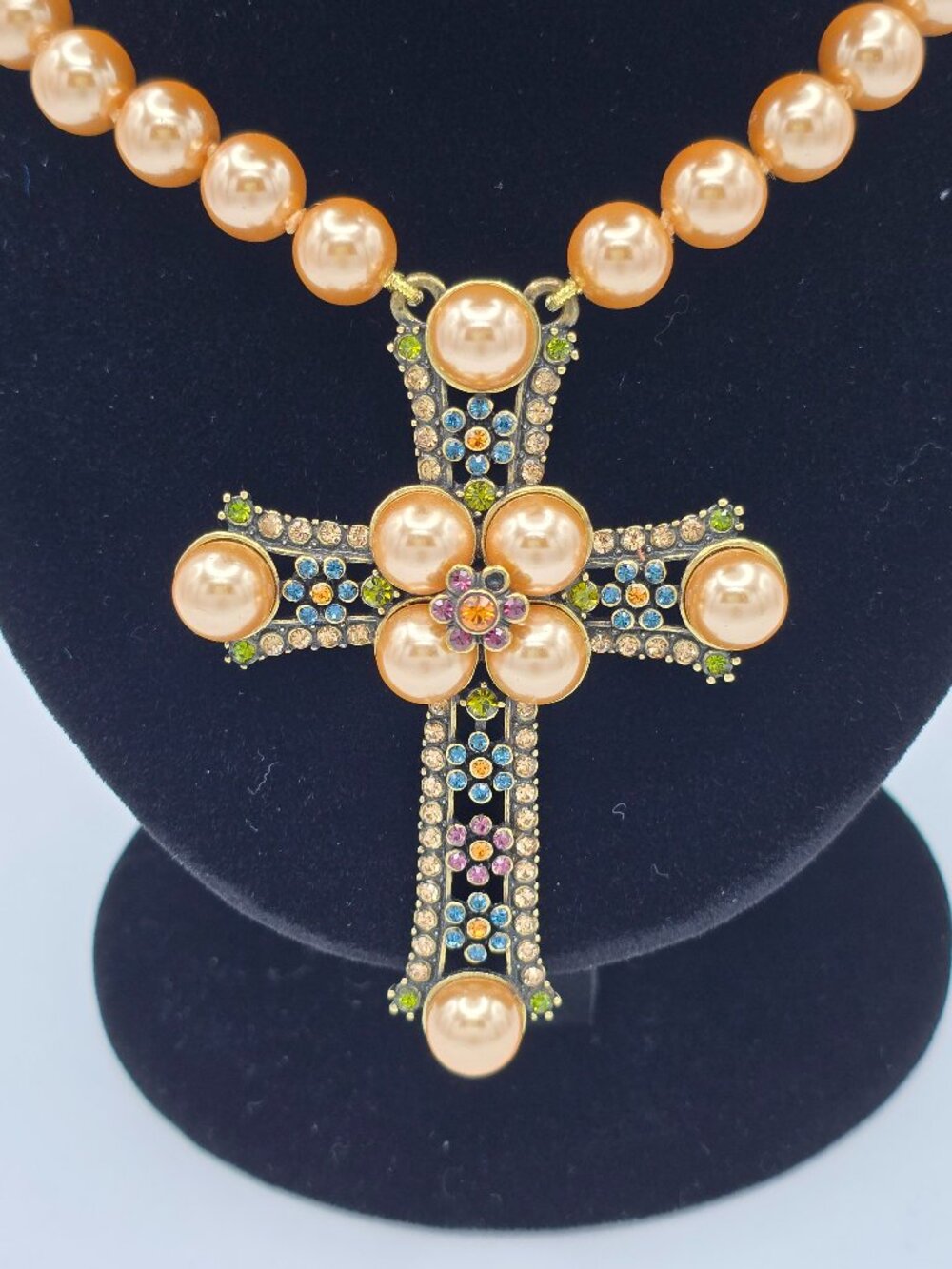 Heidi Daus Vintage Pearl Crystal Cross Statement Necklace Champagne Gold